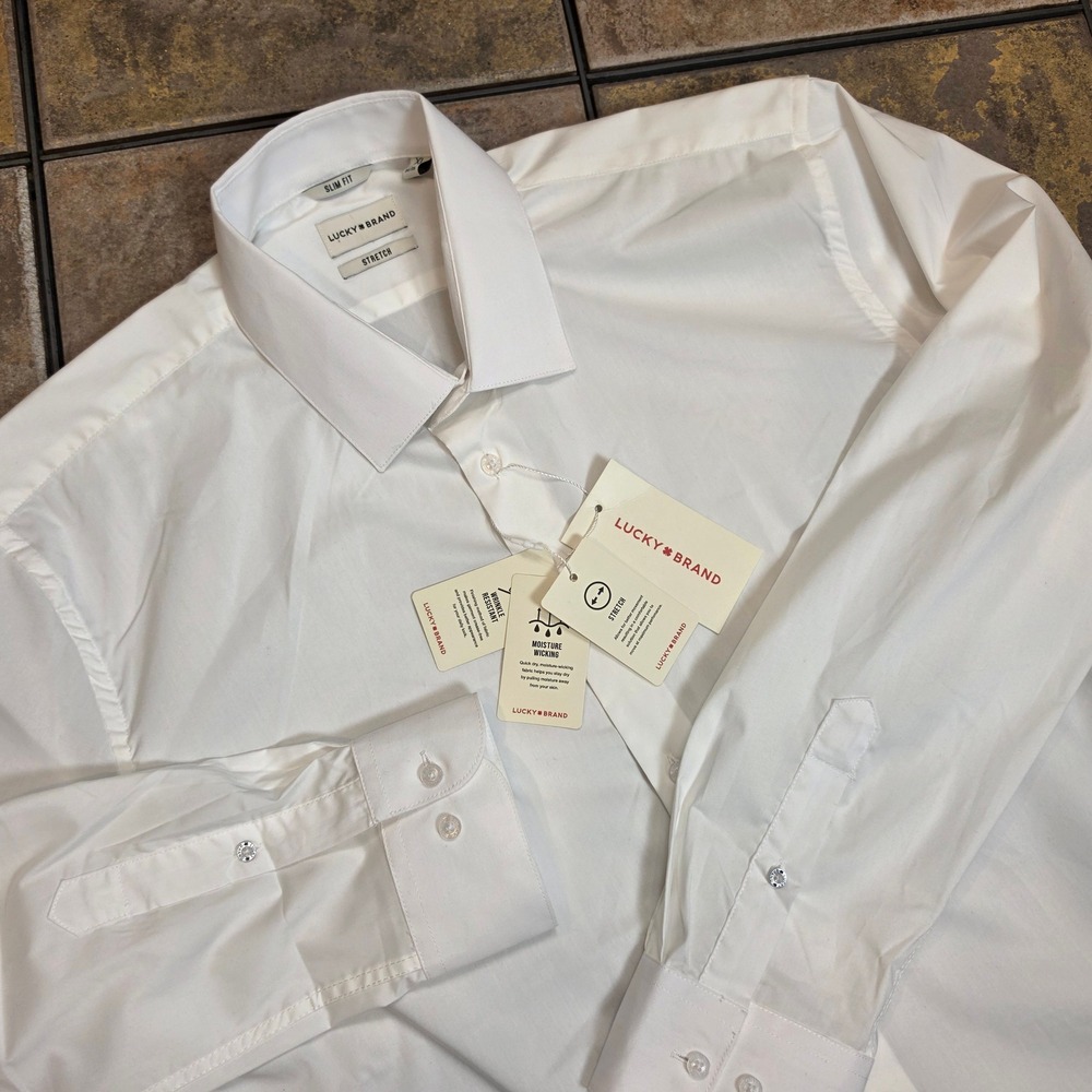 Lucky Brand Mens White Slim Fit Stretch Long Sleeve Button Down Shirt XL 17/17.5